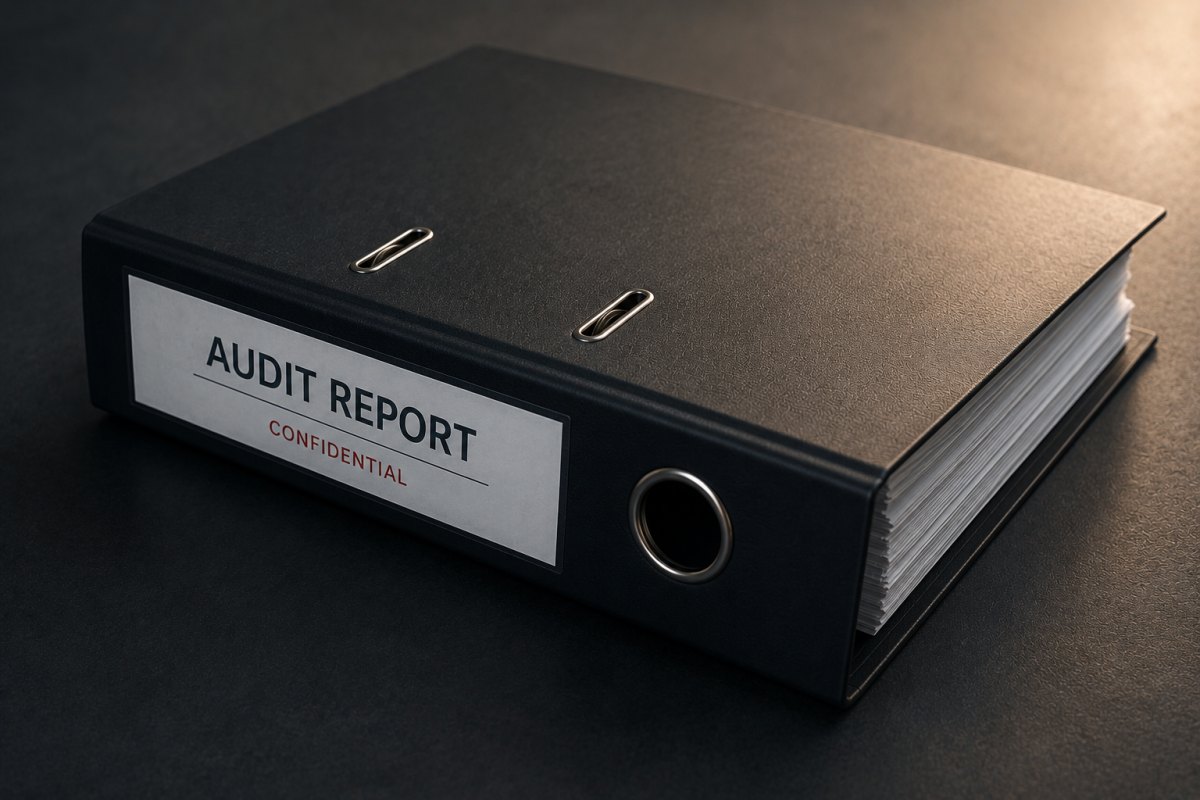 A black ring binder labelled Audit Report, Confidential, lying closed on a dark desk under a low warm light