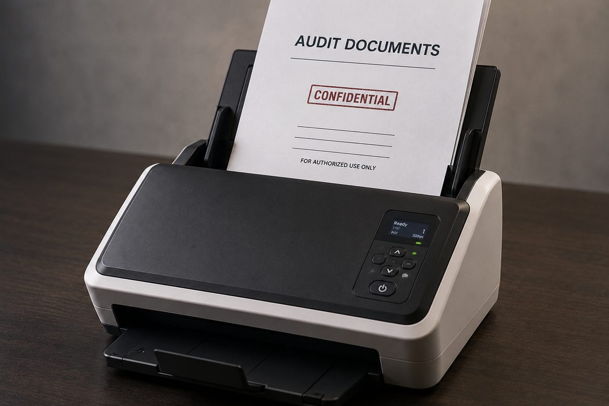 A document scanner on a dark wooden desk feeding a page marked audit documents, confidential