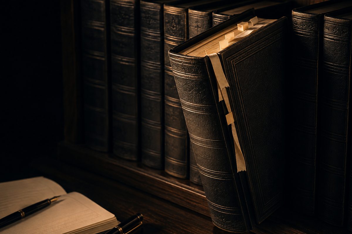 Bound statute volumes on a dark shelf, one open and tabbed, beside a notebook and pen under warm light