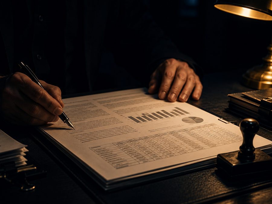 A hand signing a printed report at a dark desk beside a stamp and a brass lamp