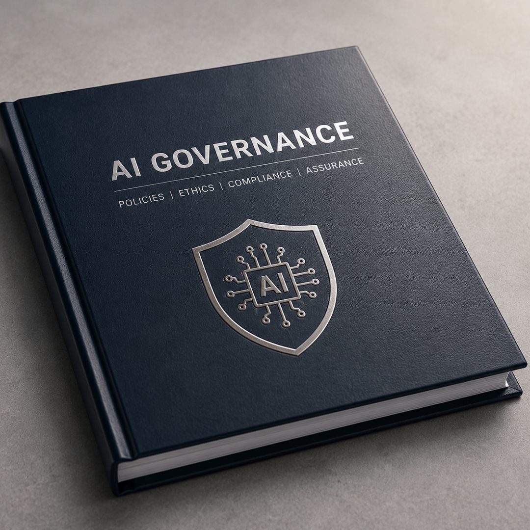 A dark bound volume titled AI Governance, subtitled Policies, Ethics, Compliance, Assurance, with an embossed shield emblem enclosing a microchip marked AI
