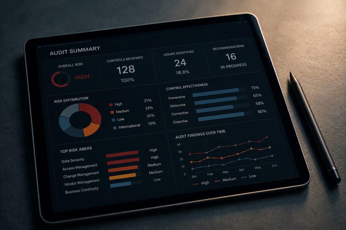 A tablet on a dark desk showing an audit summary dashboard with controls reviewed, issues identified and control effectiveness by category