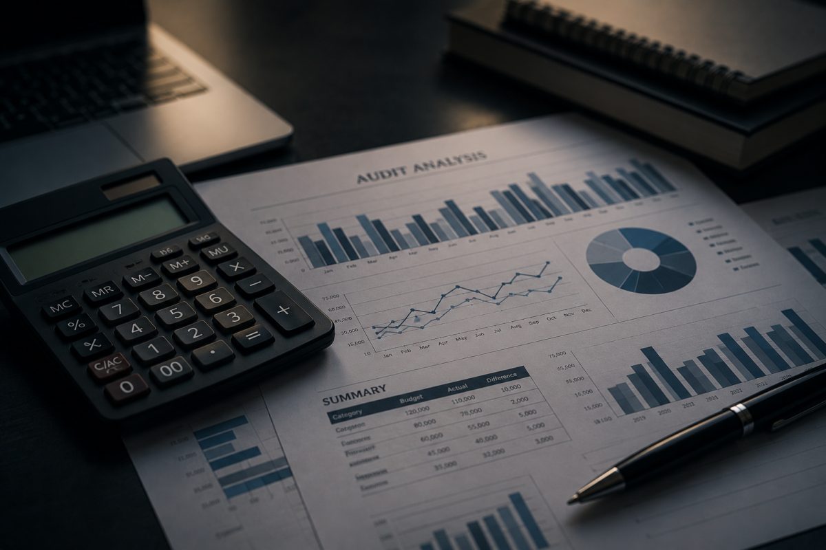 A printed audit analysis on a dark desk with a calculator and pen, showing charts, a summary table and variance columns