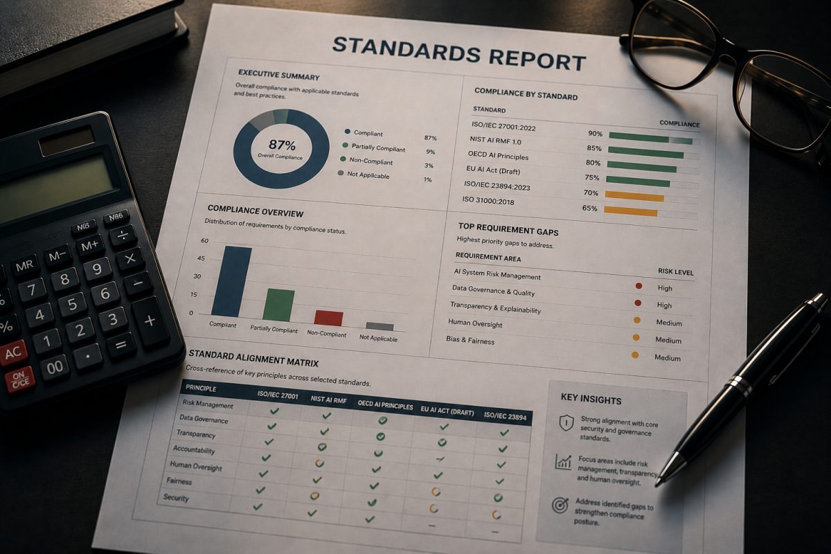 A printed standards report on a dark desk showing compliance by standard, top requirement gaps and a standard alignment matrix
