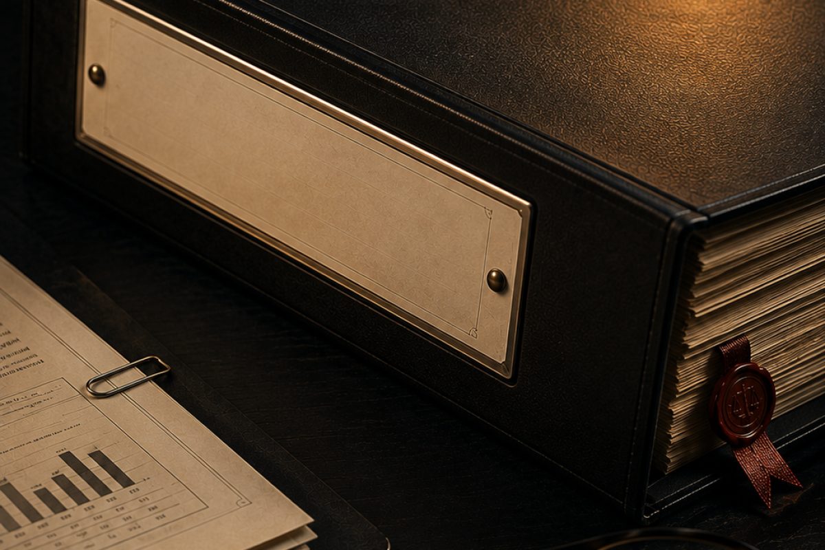 A black legal binder with a brass plate and a red wax seal on a dark desk, beside a stamp bearing a set of scales
