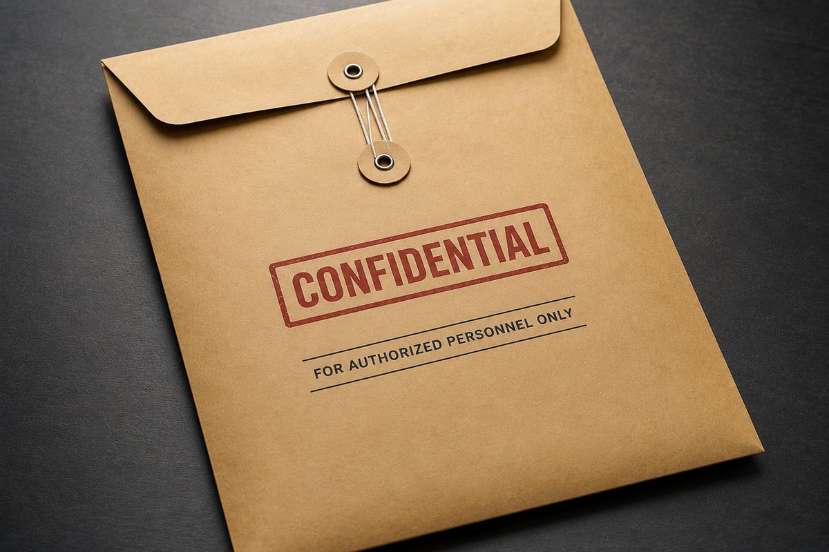 A sealed kraft document envelope on a dark surface, stamped CONFIDENTIAL, for authorized personnel only