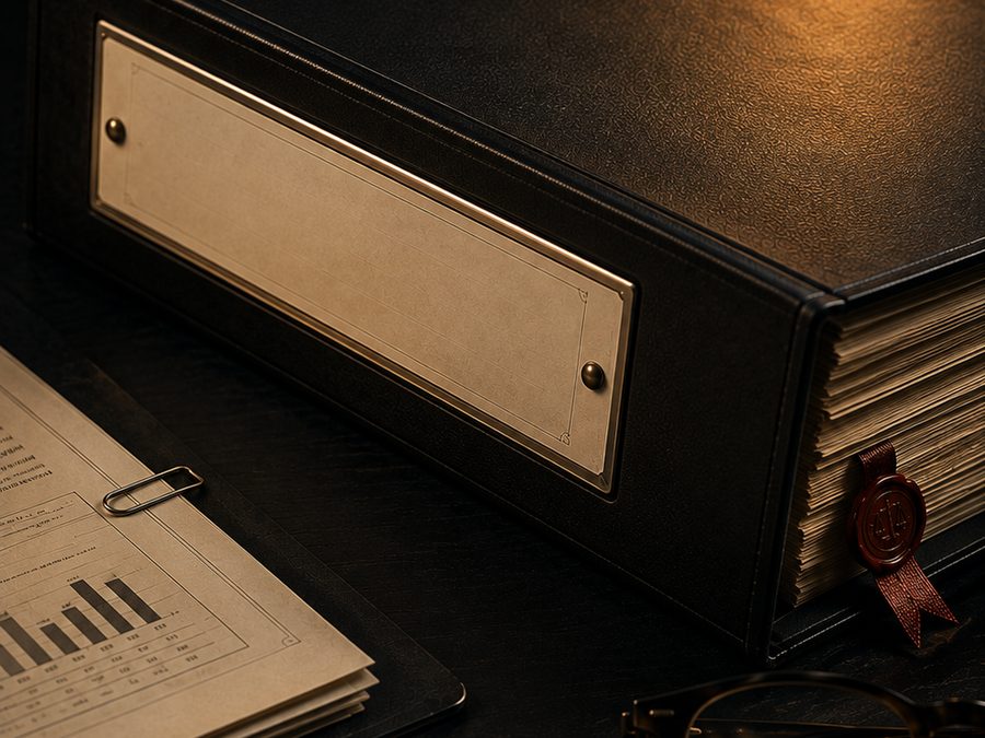 A black archive box of filed records beside a stamp, reading glasses and a pen on a dark desk