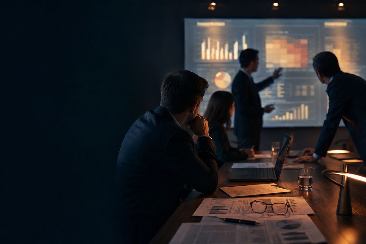 A consulting team in a dark meeting room, two people standing at a wall screen of charts while colleagues follow from the table, with laptops, papers and glasses laid out in front of them.