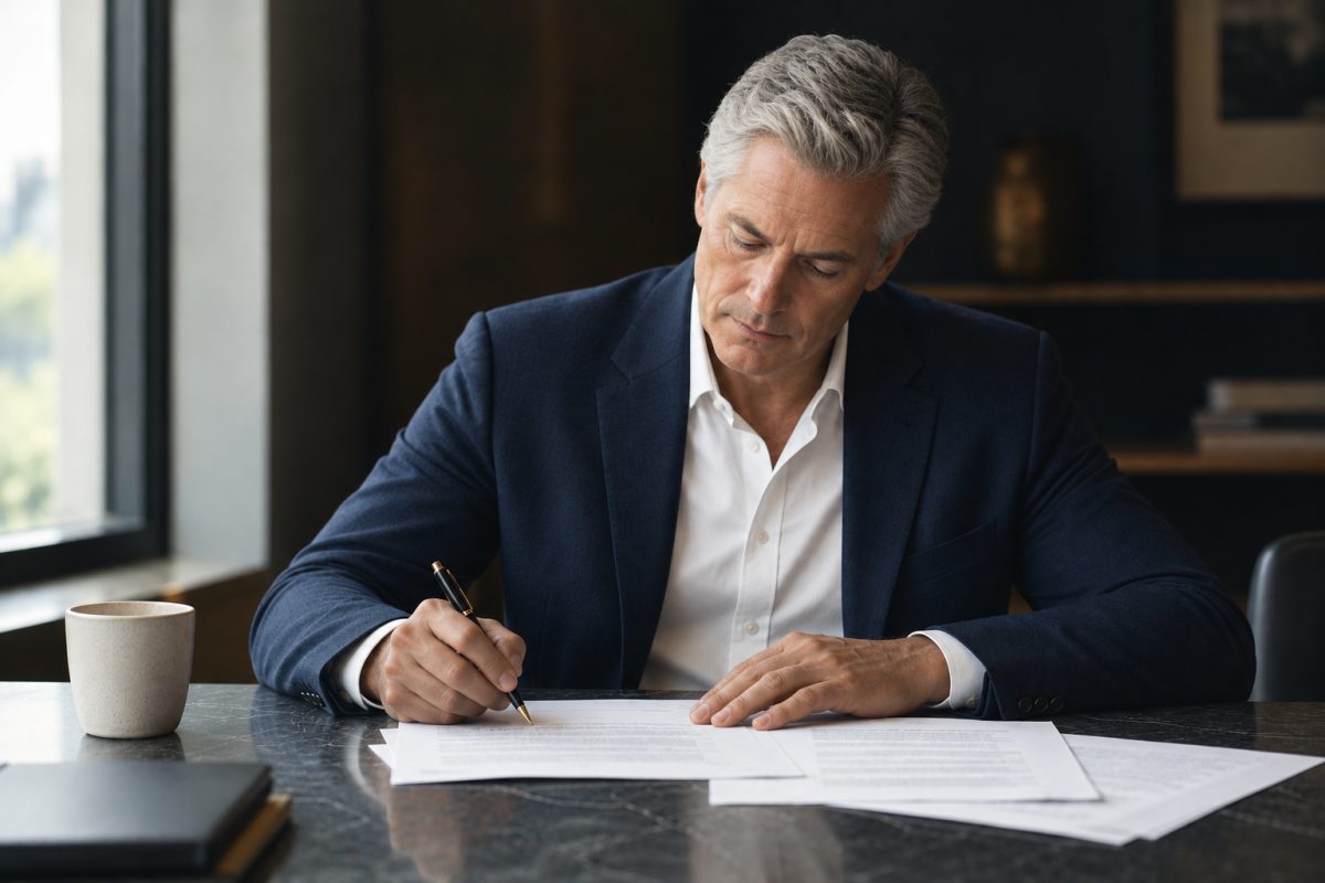 A compliance professional seated at a desk in a warm, low-lit office, signing a printed document with a pen, further papers and a cup of coffee on the desk beside them and a window throwing daylight across the page.