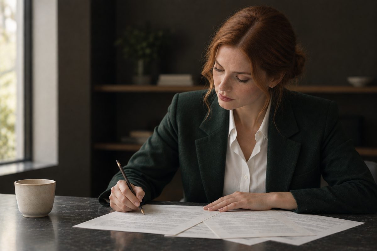 A compliance professional seated at a desk in a warm, low-lit office, signing a printed document with a pen, further papers and a cup of coffee on the desk beside them and a window throwing daylight across the page.