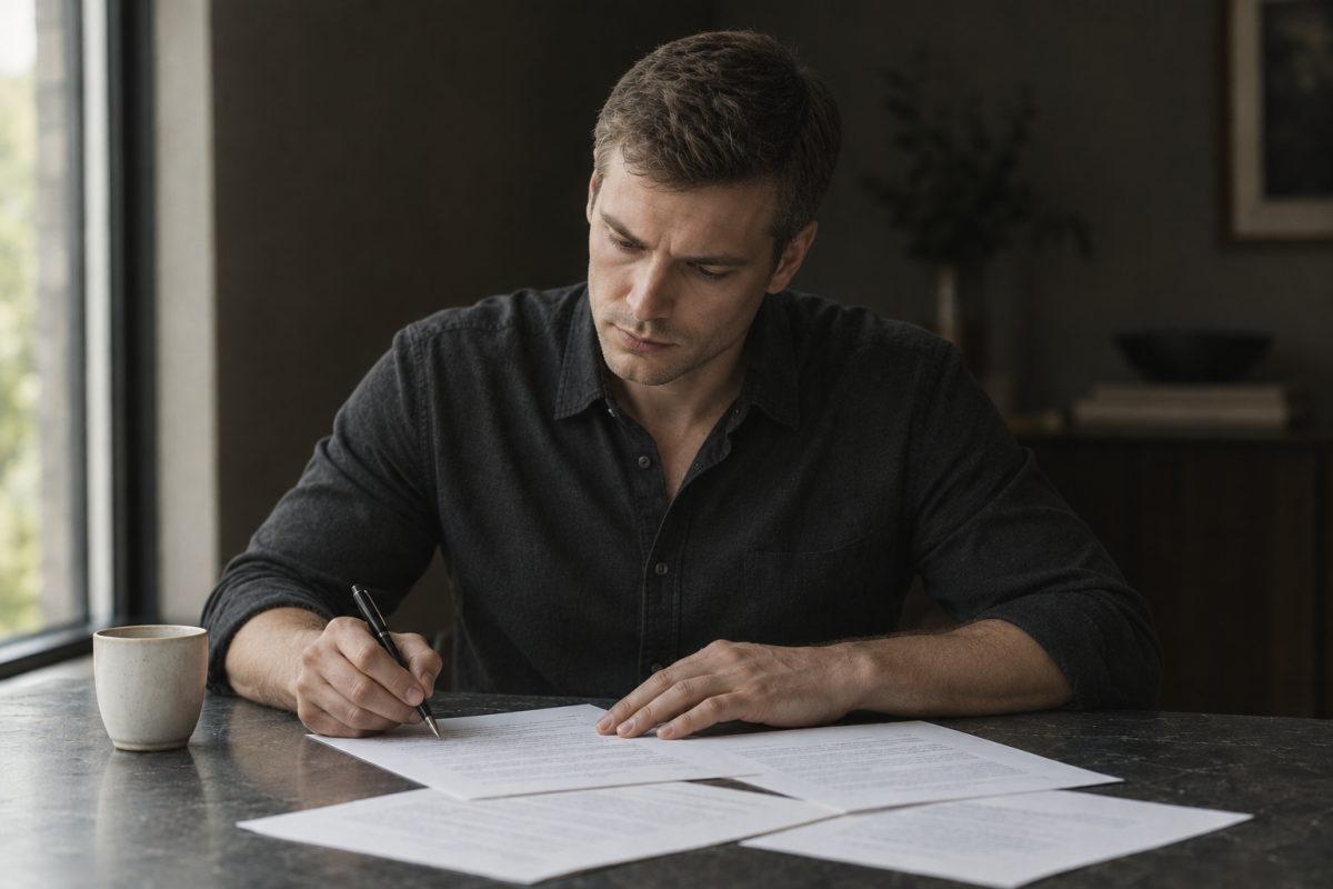 A reviewer in a dark shirt with the sleeves down, seated at a dark stone desk by a window in a warm, low-lit office, signing a printed page with further papers and a stoneware cup beside them.