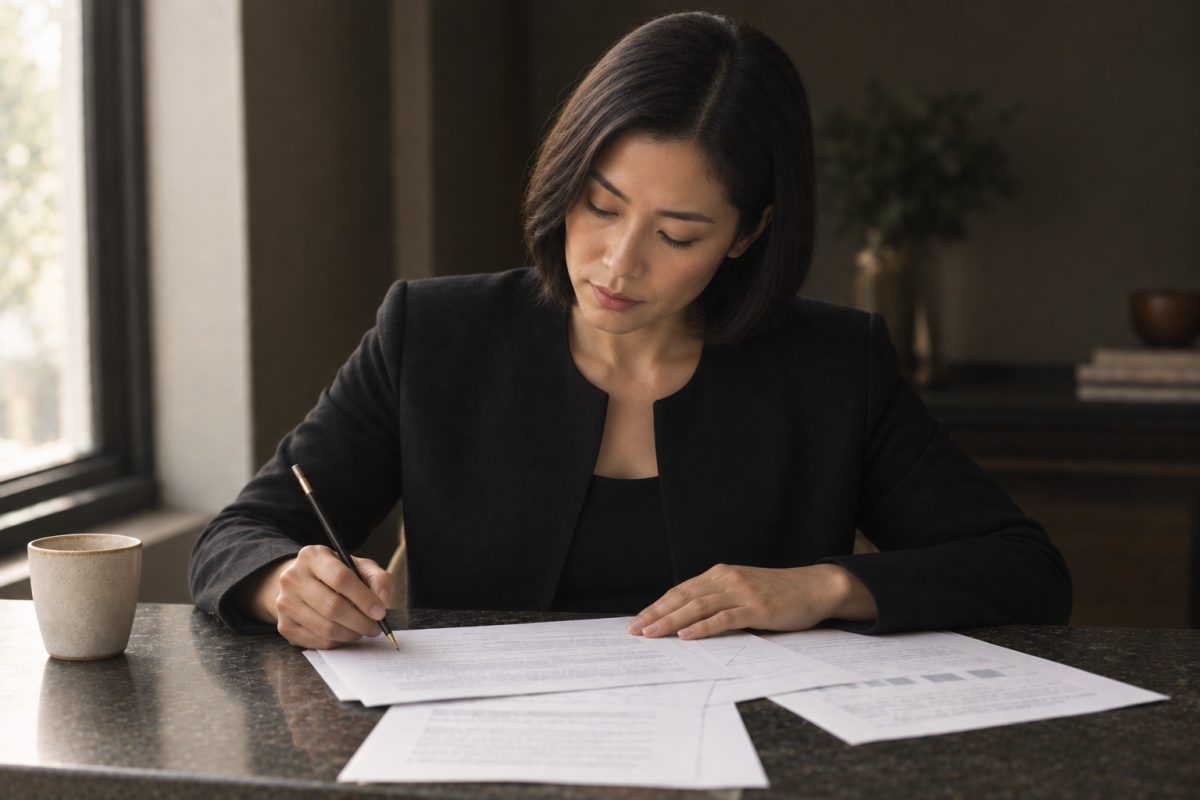 A compliance professional seated at a desk in a warm, low-lit office, signing a printed document with a pen, further papers and a cup of coffee on the desk beside them and a window throwing daylight across the page.