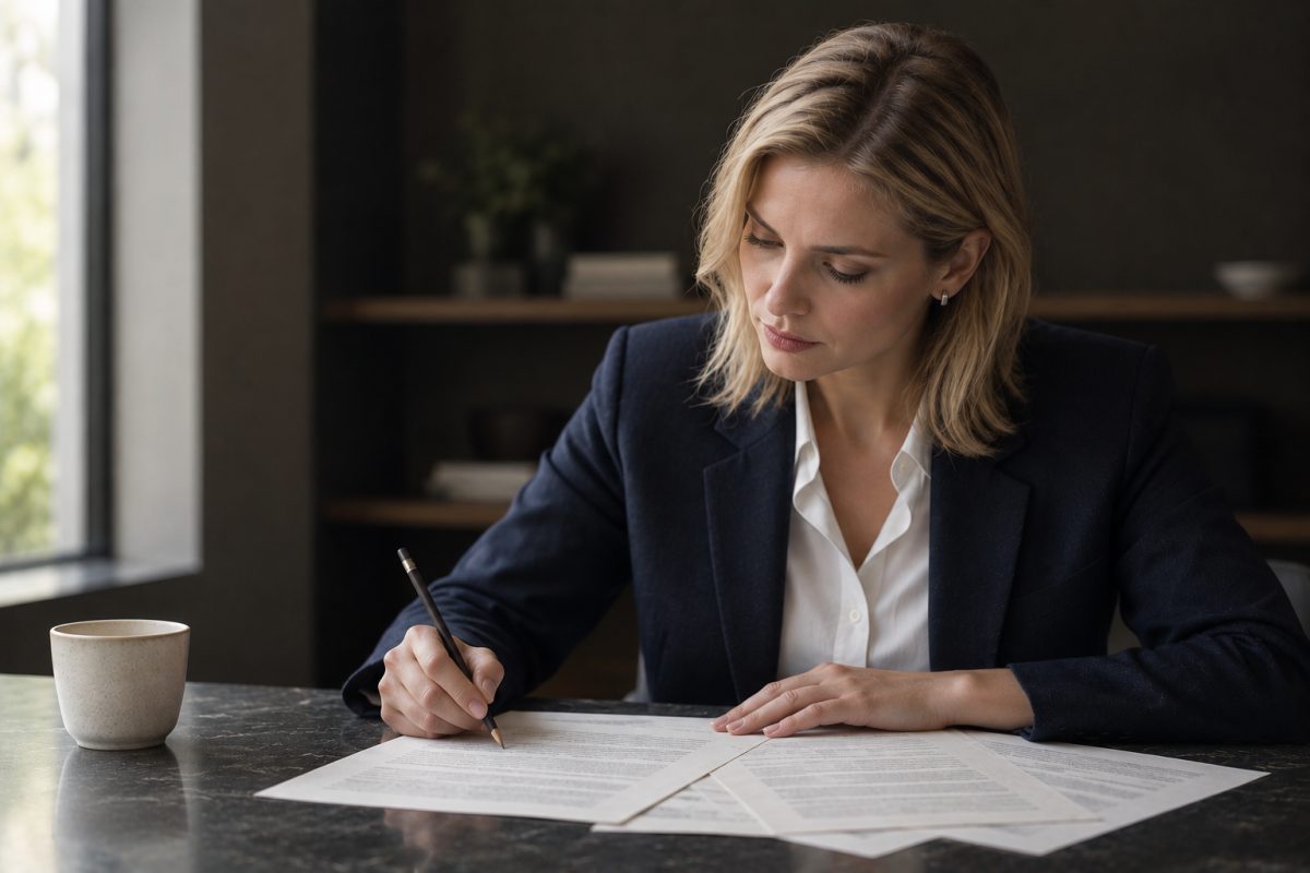 A compliance professional seated at a desk in a warm, low-lit office, signing a printed document with a pen, further papers and a cup of coffee on the desk beside them and a window throwing daylight across the page.