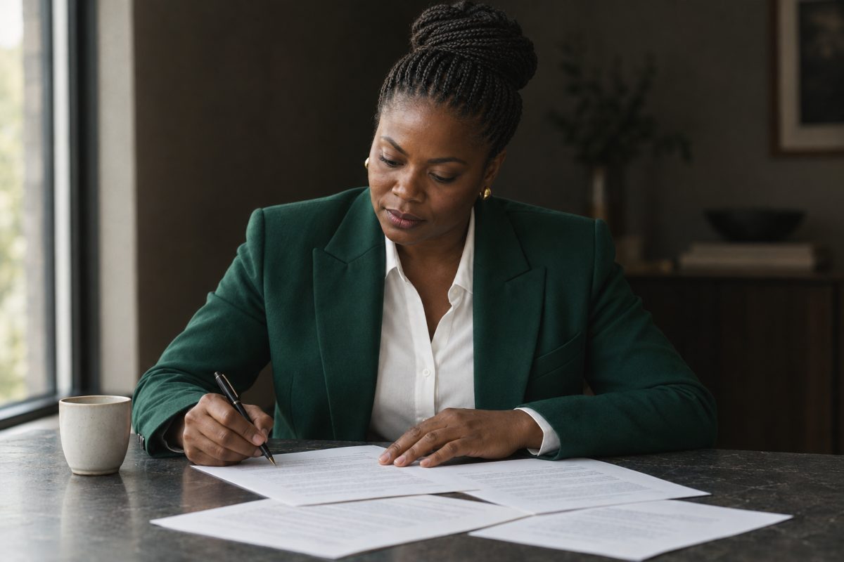 A reviewer with braided hair in a high bun, in a forest-green blazer over a white shirt, seated at a dark stone desk by a window in a warm, low-lit office, annotating one of several printed pages with a stoneware cup beside them.