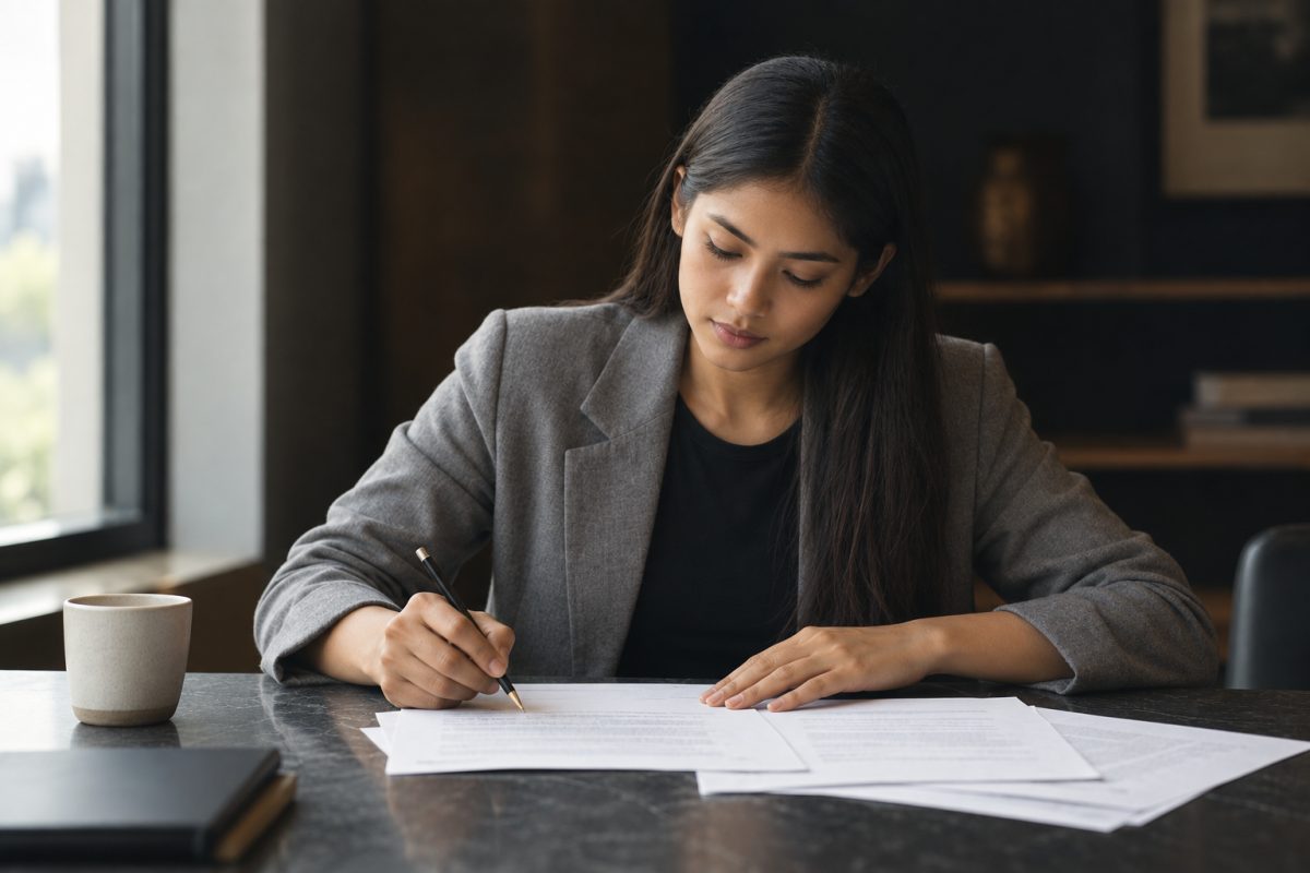 A compliance professional seated at a desk in a warm, low-lit office, signing a printed document with a pen, further papers and a cup of coffee on the desk beside them and a window throwing daylight across the page.