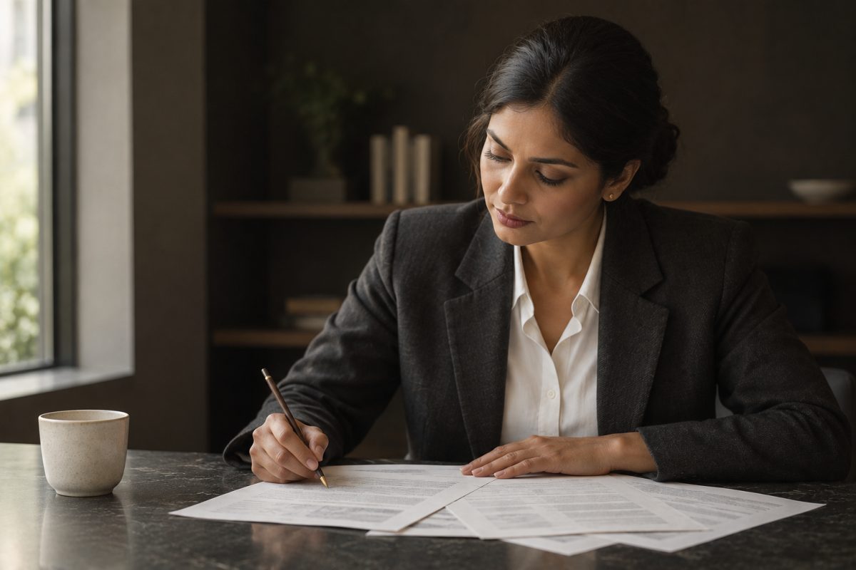 A compliance professional seated at a desk in a warm, low-lit office, signing a printed document with a pen, further papers and a cup of coffee on the desk beside them and a window throwing daylight across the page.