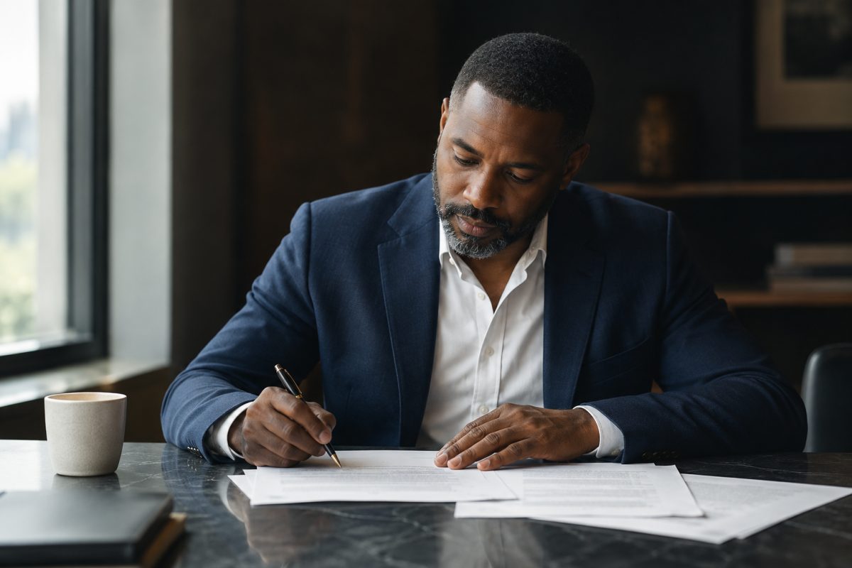 A compliance professional seated at a desk in a warm, low-lit office, signing a printed document with a pen, further papers and a cup of coffee on the desk beside them and a window throwing daylight across the page.