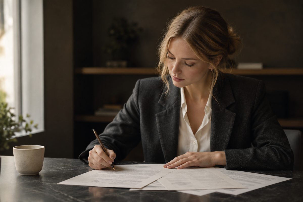 A reviewer with hair tied back, in a charcoal blazer over a white shirt, seated at a dark stone desk by a window in a warm, low-lit office, writing on a loose printed page with a stoneware cup beside them.