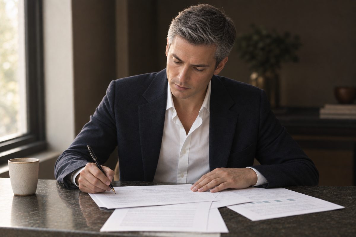 A compliance professional seated at a desk in a warm, low-lit office, signing a printed document with a pen, further papers and a cup of coffee on the desk beside them and a window throwing daylight across the page.