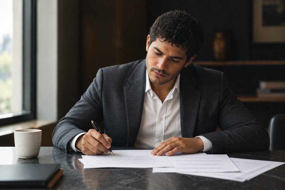 A compliance professional seated at a desk in a warm, low-lit office, signing a printed document with a pen, further papers and a cup of coffee on the desk beside them and a window throwing daylight across the page.