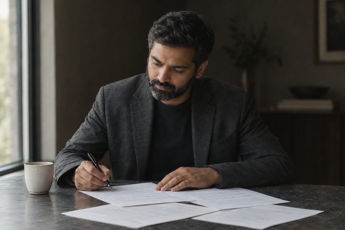 A compliance professional seated at a desk in a warm, low-lit office, signing a printed document with a pen, further papers and a cup of coffee on the desk beside them and a window throwing daylight across the page.