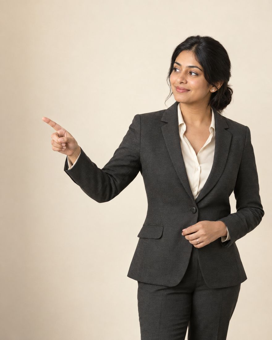 An auditor in a charcoal trouser suit and cream blouse, with dark hair pinned back, standing against a warm pale wall and pointing into the open space alongside.