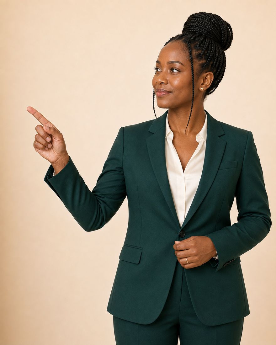 An auditor in a forest-green trouser suit and cream blouse, with braided hair in a high bun, standing against a warm pale wall and pointing into the open space alongside.