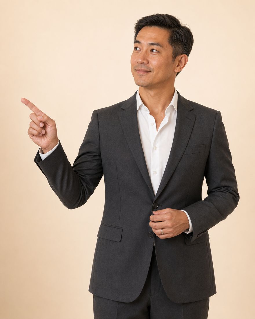 An auditor in a charcoal suit and open-collared white shirt, standing against a warm pale wall and pointing into the open space alongside.
