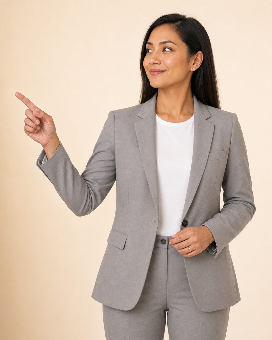 An auditor in a light grey trouser suit and white top, with long dark hair, standing against a warm pale wall and pointing into the open space alongside.