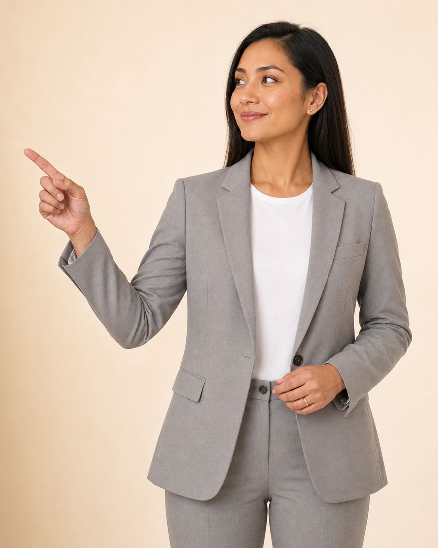 An auditor in a light grey trouser suit over a white T-shirt, with long dark hair, standing against a warm pale wall and pointing into the open space alongside.
