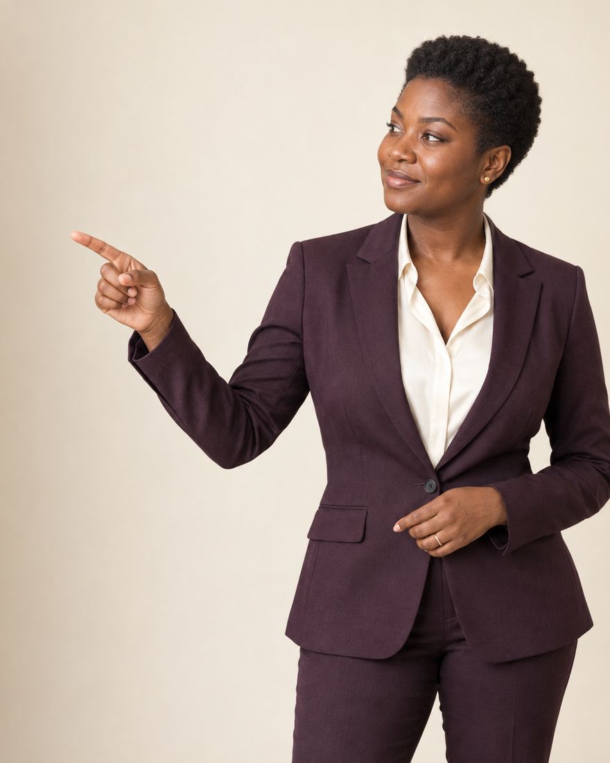 An auditor in a plum trouser suit and cream blouse, with short natural hair, standing against a warm pale wall and pointing into the open space alongside.