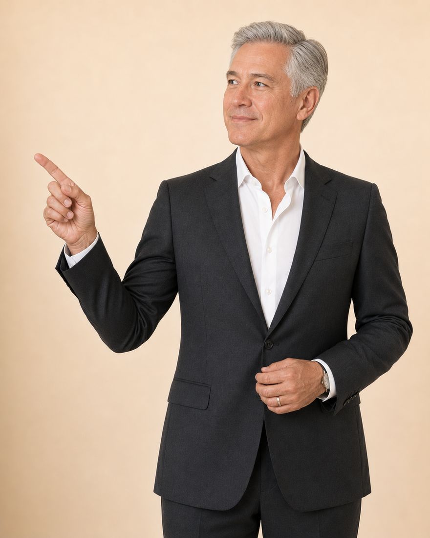An auditor in a charcoal suit and open-collared white shirt, with silver hair, standing against a warm pale wall and pointing into the open space alongside.