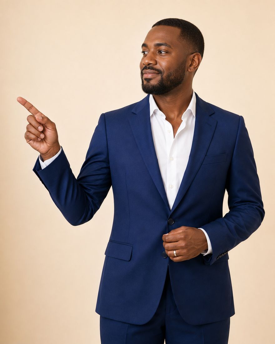 An assessor in a navy suit and open-collared white shirt, standing against a warm pale wall and pointing into the open space alongside.
