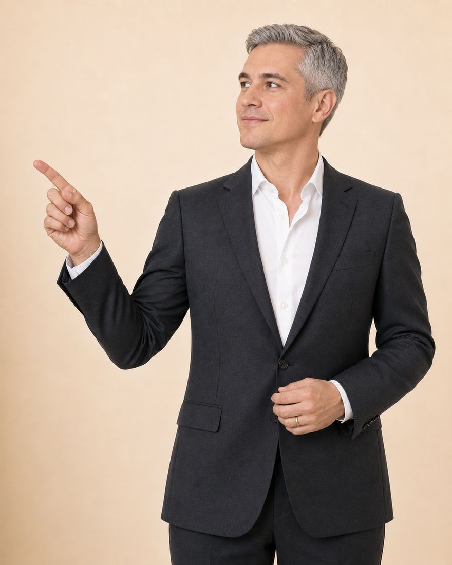 An auditor in a charcoal suit and white shirt, with grey hair, standing against a warm pale wall and pointing into the open space alongside.