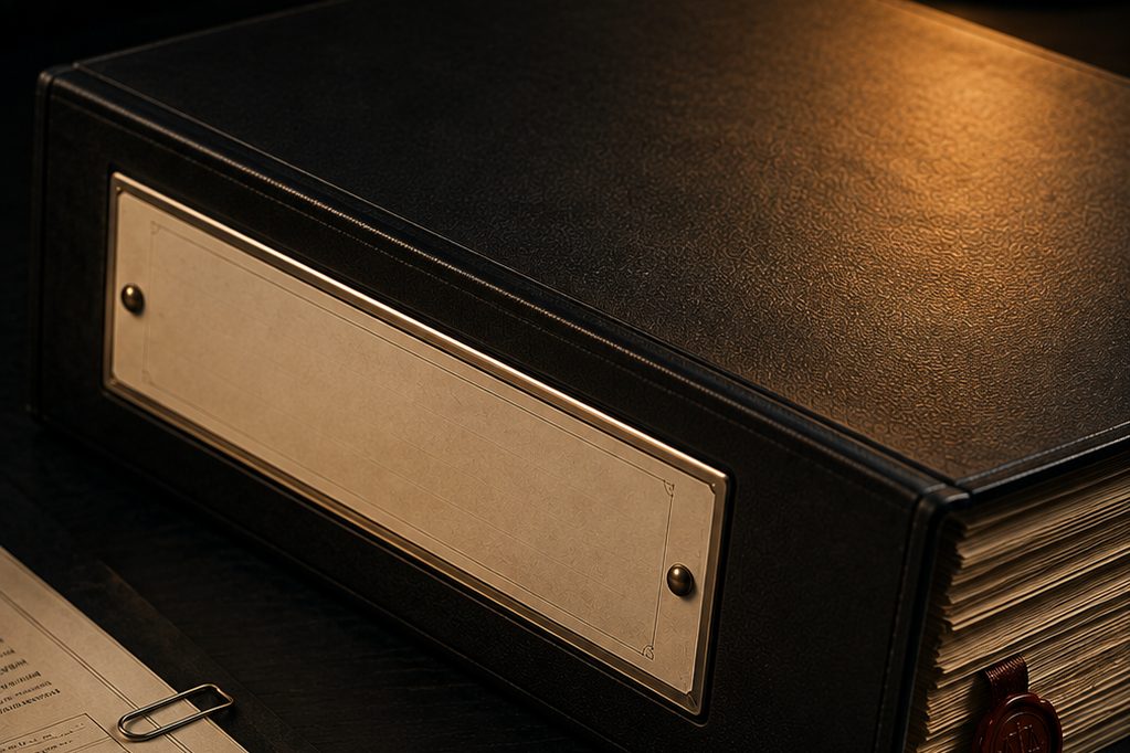 A black archive binder with a blank brass label plate on a dark desk, its filed papers sealed with a wax seal, beside a clipped set of printed tables under low warm light