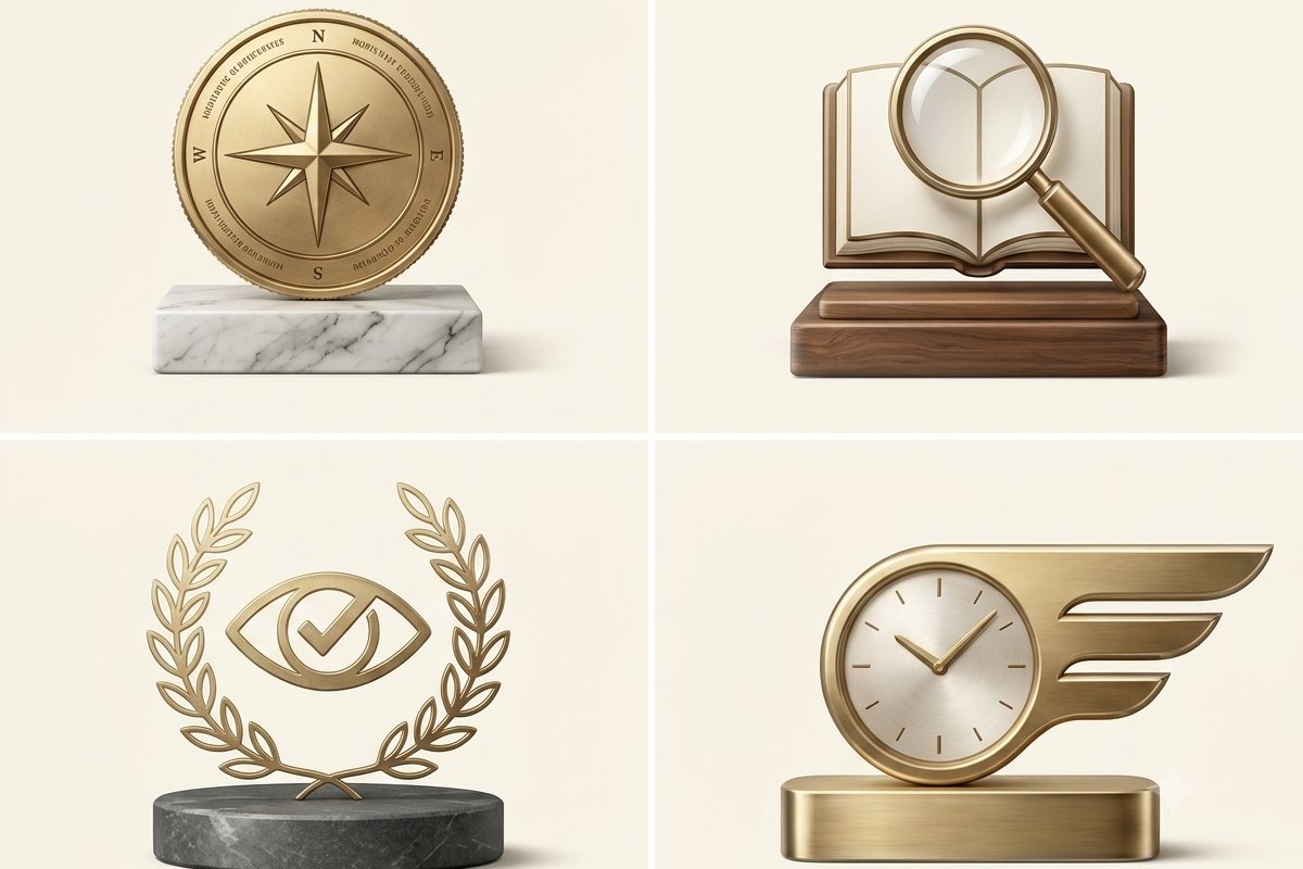 Four brass emblems on stone plinths — a compass, a magnifier over an open book, a laurel wreath around an eye, and a winged clock