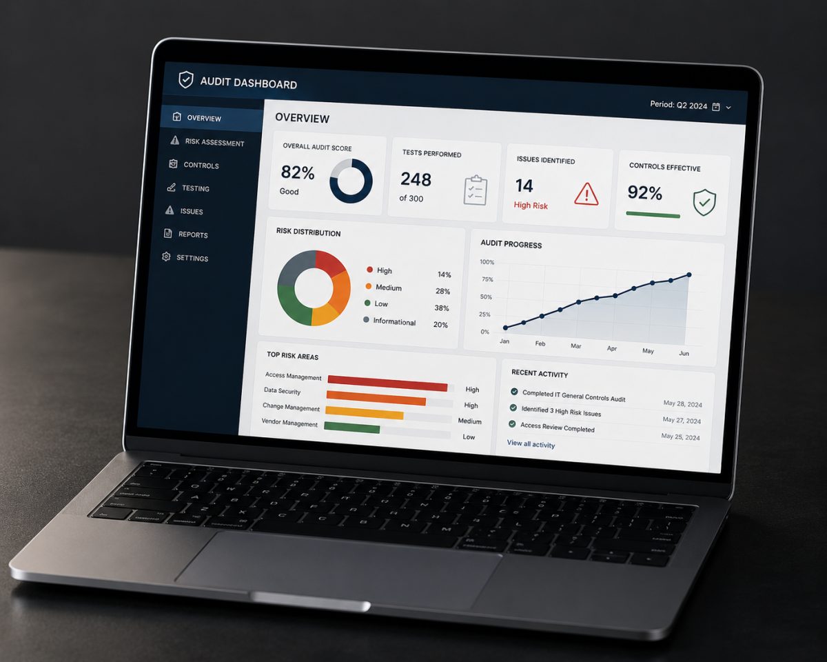 A laptop on a dark desk showing an audit dashboard with an overall audit score, tests performed, issues identified, controls effective, a risk distribution chart and recent activity