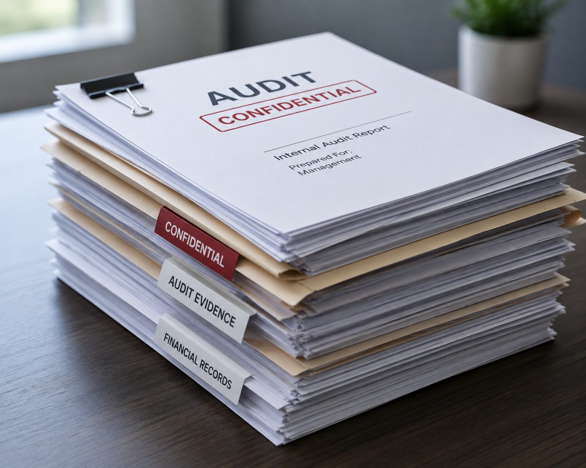 A stack of bound audit reports on a desk, the top one marked confidential, with tabbed dividers labelled confidential, audit evidence and financial records