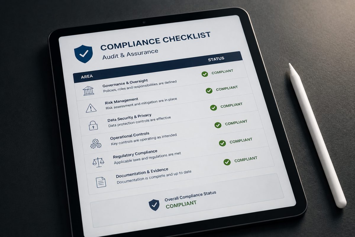 A tablet on a dark desk showing a compliance checklist with governance, risk, data security, controls, regulatory and documentation rows, each marked as reviewed