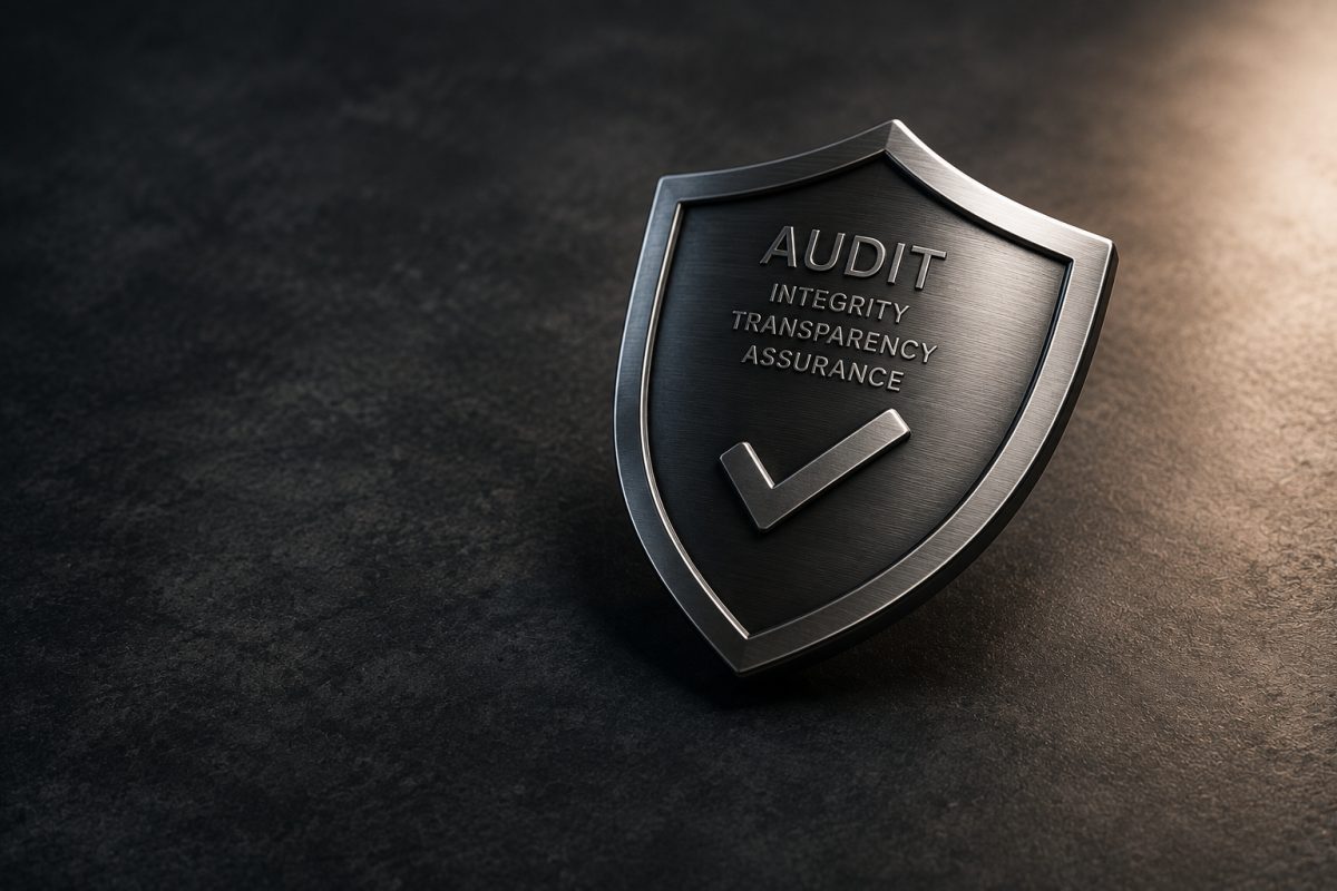 A brushed metal shield resting on dark stone, engraved AUDIT above the words integrity, transparency and assurance, with a check mark beneath