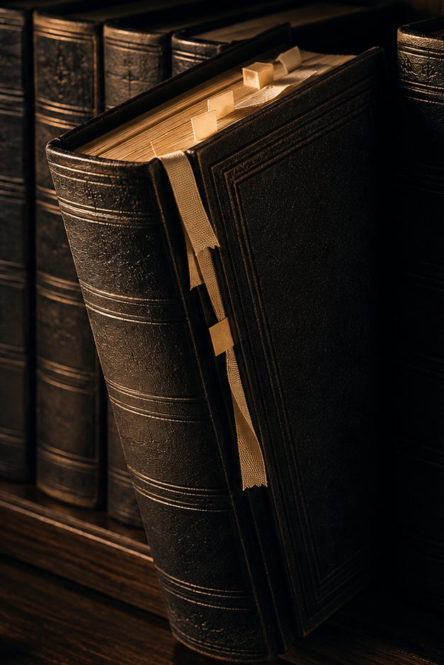 A leather-bound reference volume pulled forward on a dark shelf, tabbed with pale markers at the passages being checked