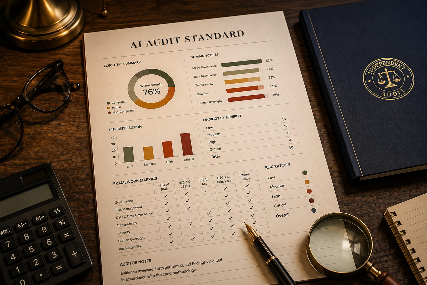 A printed AI Audit Standard report on a dark wooden desk, showing an executive summary with an overall compliance score, domain score bars, a findings-by-severity table and a framework mapping matrix, beside a navy Independent Audit binder, reading glasses, a calculator, a fountain pen and a magnifier