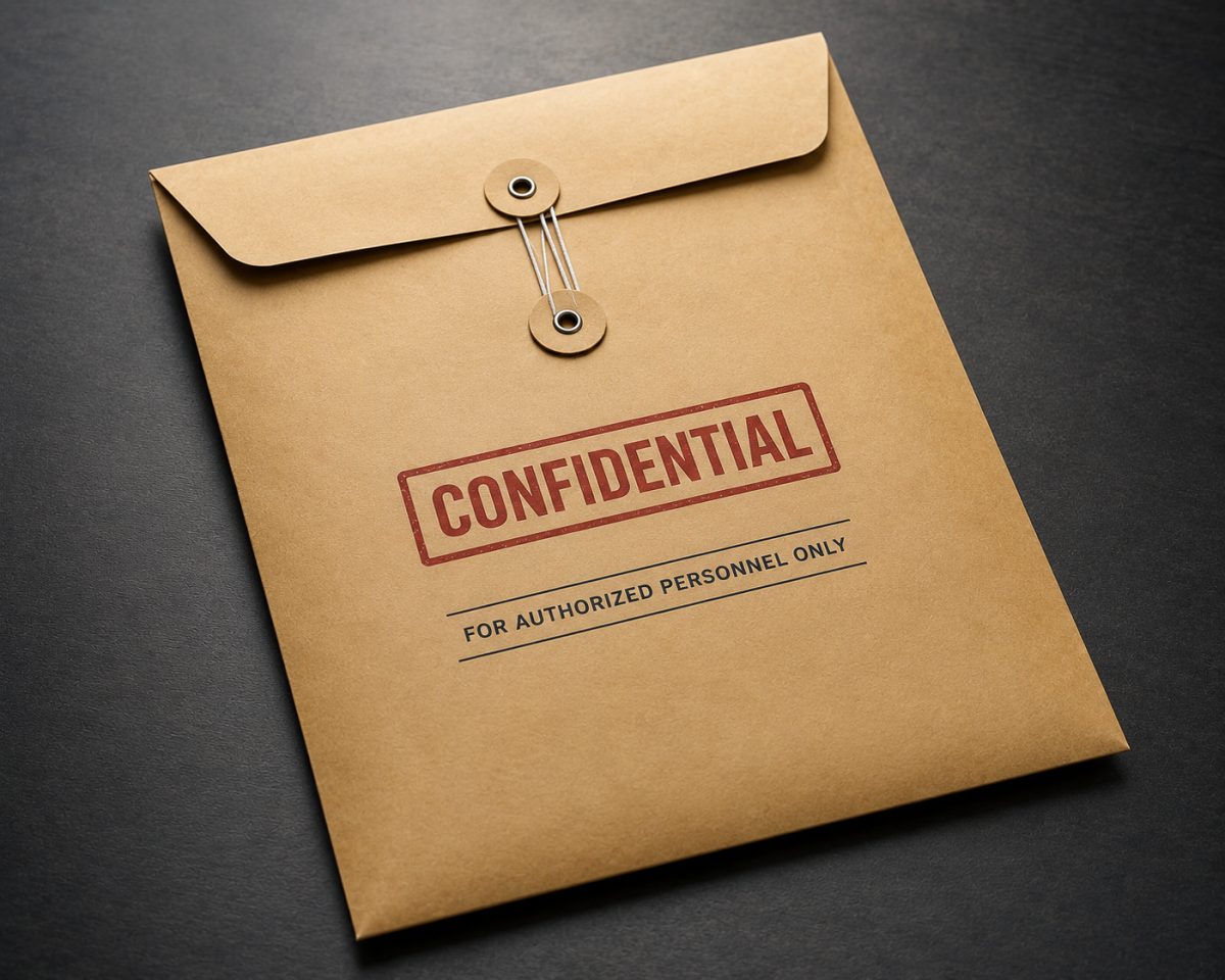 A kraft document envelope with a string closure on a dark surface, stamped confidential and marked for authorised personnel only