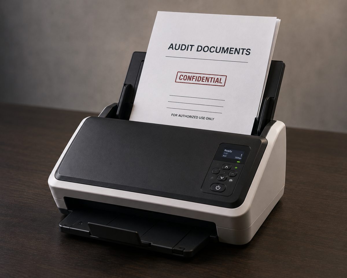 A document scanner on a desk feeding a printed cover sheet headed audit documents and stamped confidential, for authorised use only
