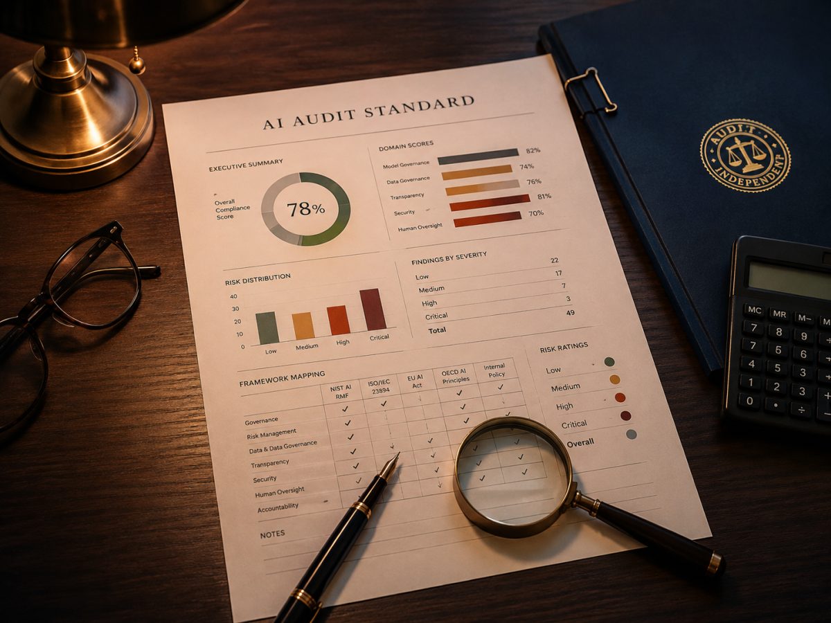 An AI audit standard report on a desk under a brass lamp, open at a framework mapping table with a NIST AI RMF column ticked across governance, risk and transparency rows