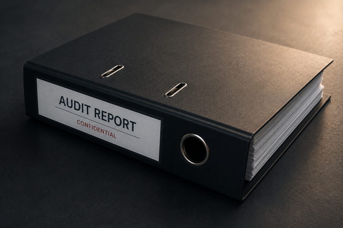 A black ring binder on a dark desk under warm light, labelled audit report and marked confidential
