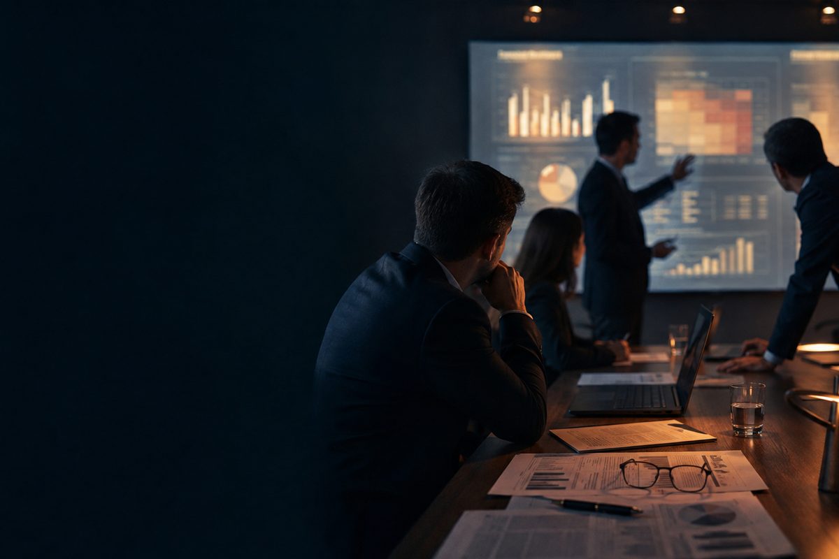 A governance team reviewing data dashboards on a screen in a darkened boardroom, with papers and notes on the table
