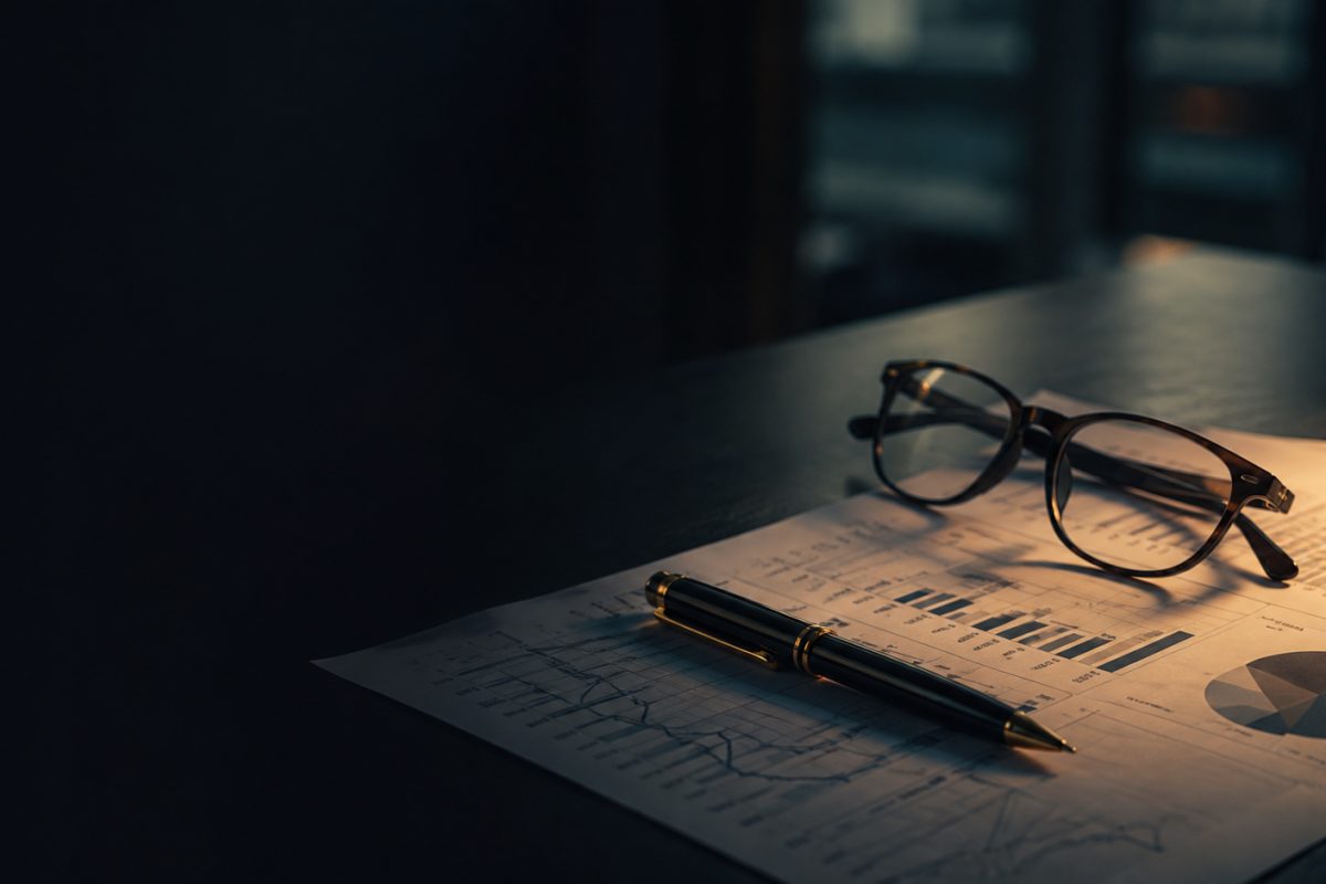 Reading glasses and a pen resting on a printed report on a desk under a low warm light