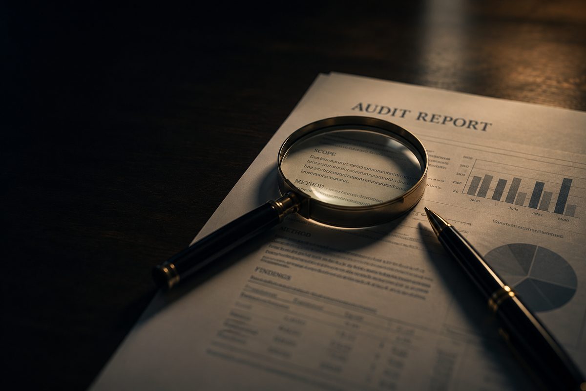 An audit report on a dark desk under a magnifying glass, beside a fountain pen