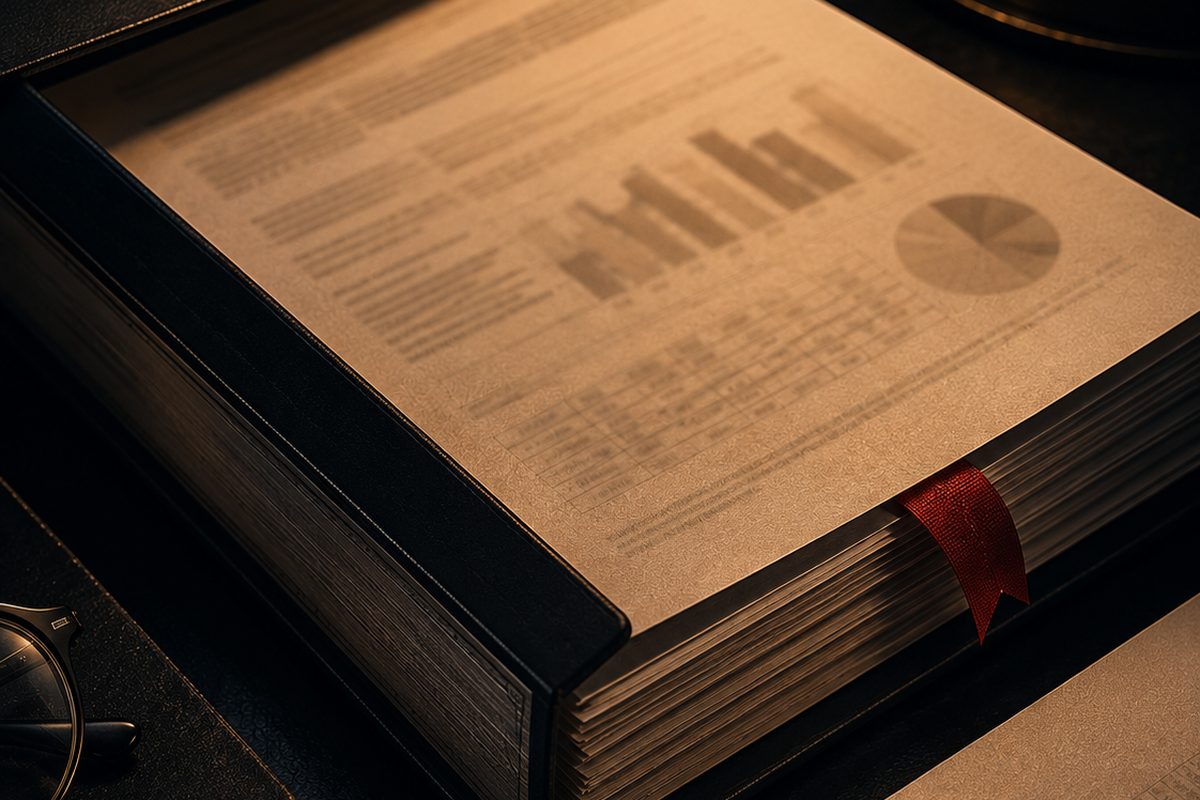 A thick bound volume open on a dark desk under a brass lamp, with a ribbon marker and a fountain pen